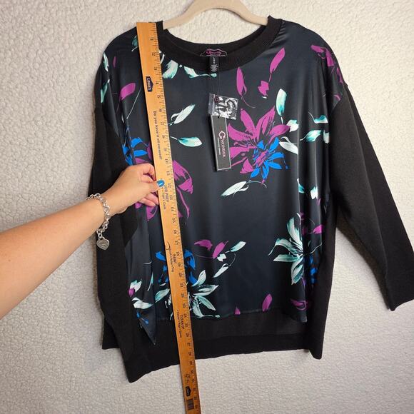 C Wonder SzL NWT Mixed media black Floral soft flowy Pullover Top Sweater Office - Picture 4 of 13